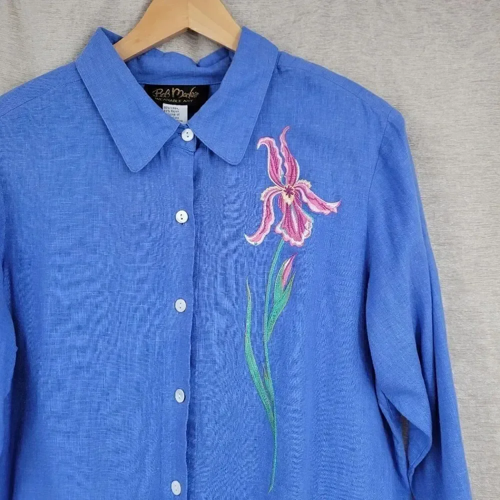 Bob Mackie Linen Blend Vintage Blue Embroidered Top and Matching Cropped Pants